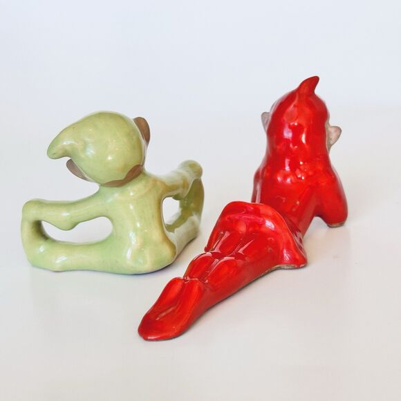VTG (Gilner Pottery?) Green Red Ceramic Pixie Elf Elves Lot Christmas Retro - Picture 2 of 6